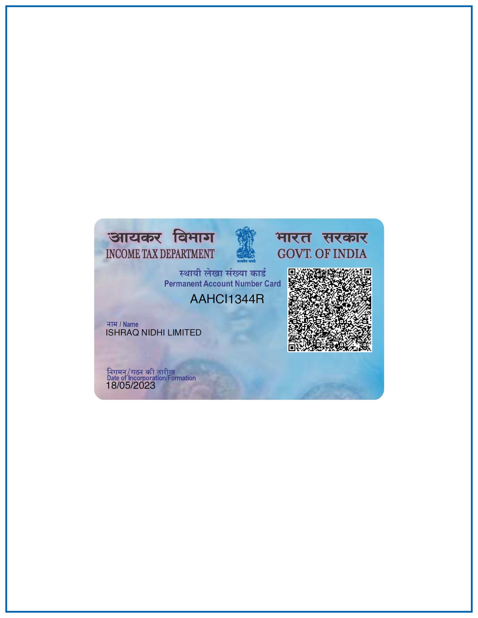 PAN Card Ishraq Nidhi Limited